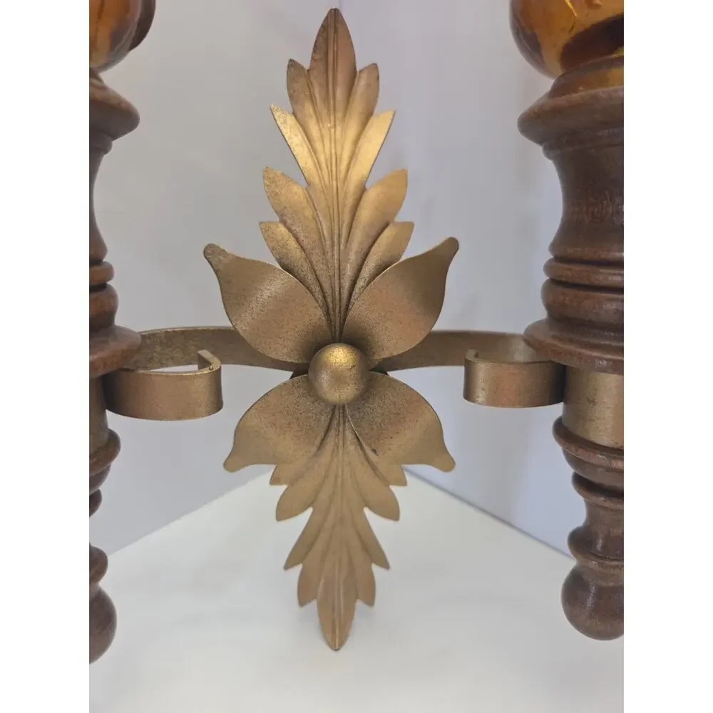 Vintage Homco Double Wall Sconce - Wood, Brass Finish & Amber Glass Sconces